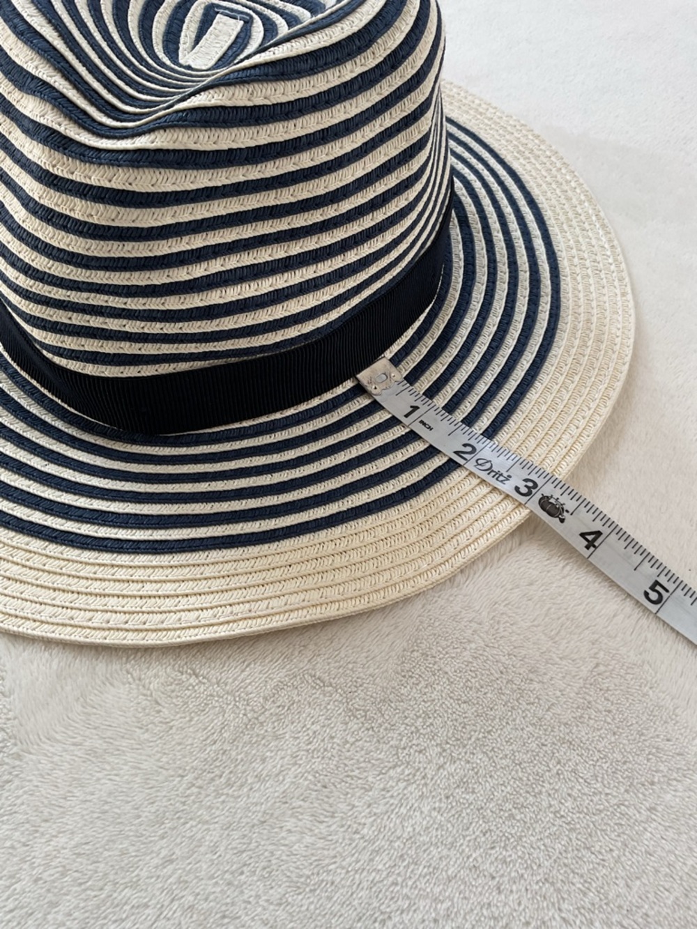 J.Crew Factory Straw Fedora Hat Navy Stripe Wide Brim M/L Summer - Picture 9 of 9